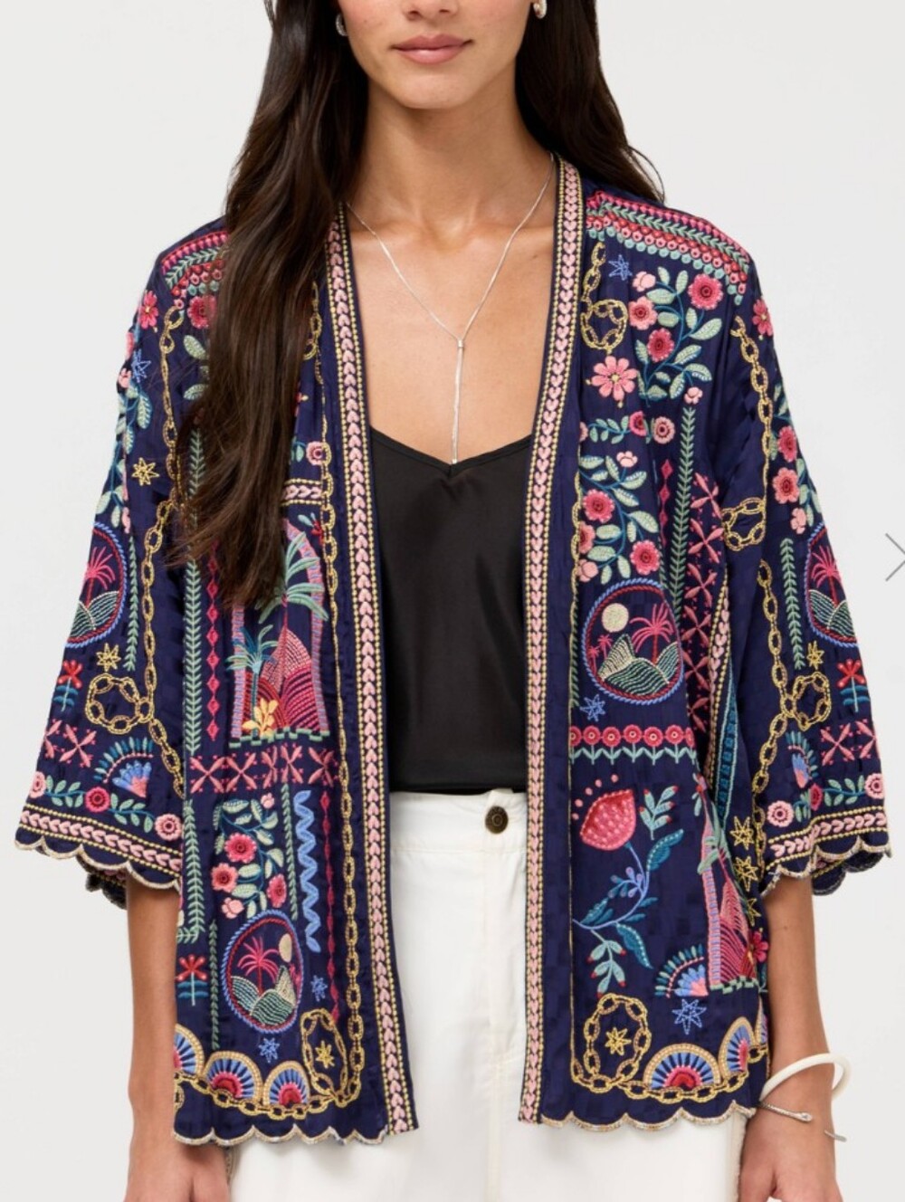 Johnny Was Fuji Navy Embroidered Open Kimono Size Small NWOT